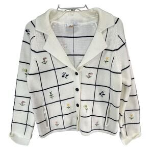 Liana Petites Cardigan Sweater Women PM White Embroidered Floral Grandma Cottage